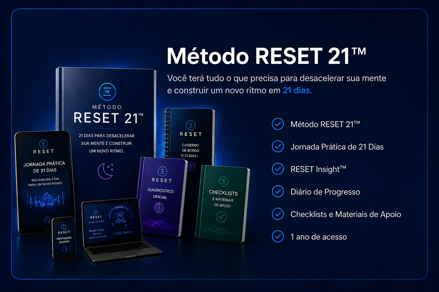 Método RESET 21 com Jornada Prática de 21 Dias, RESET Insight, Diário de Progresso, checklists, materiais de apoio e um ano de acesso